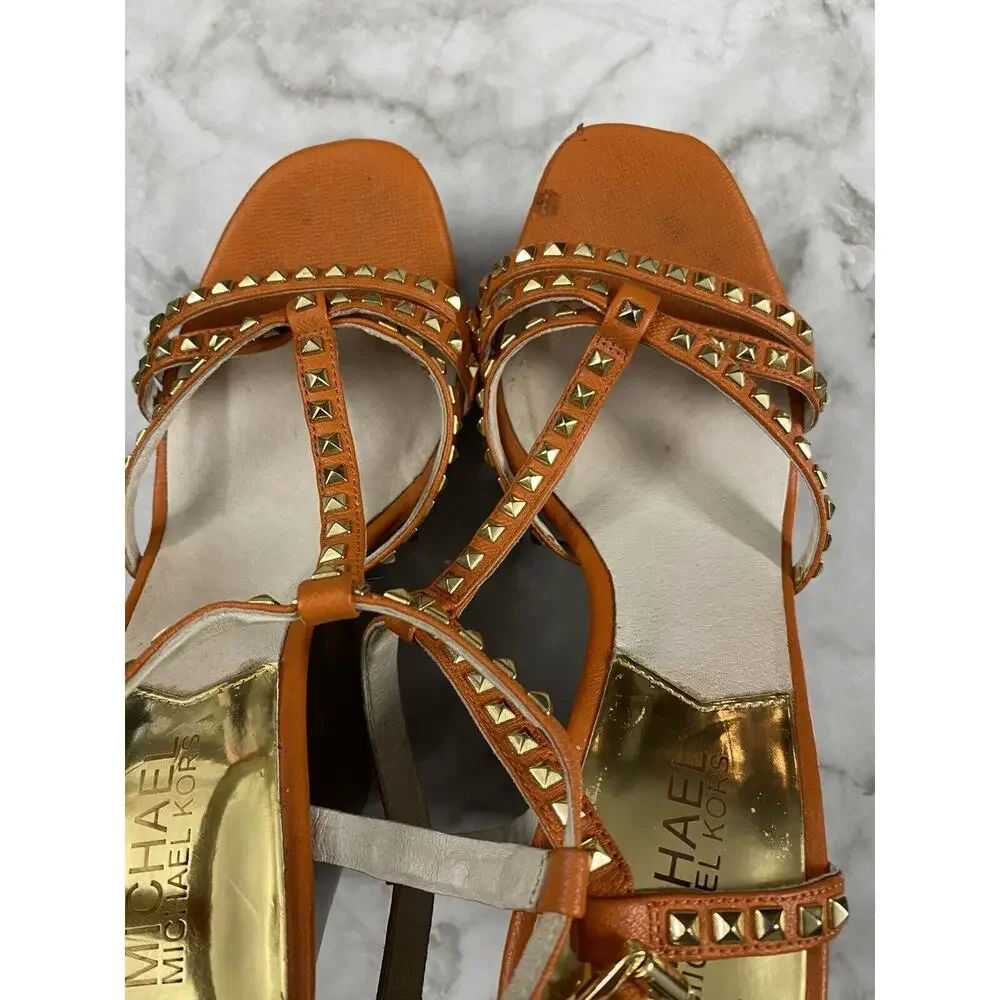 Women's Michael Kors Orange Leather Studded Strap Wedges Platform Shoes SZ 7.5M